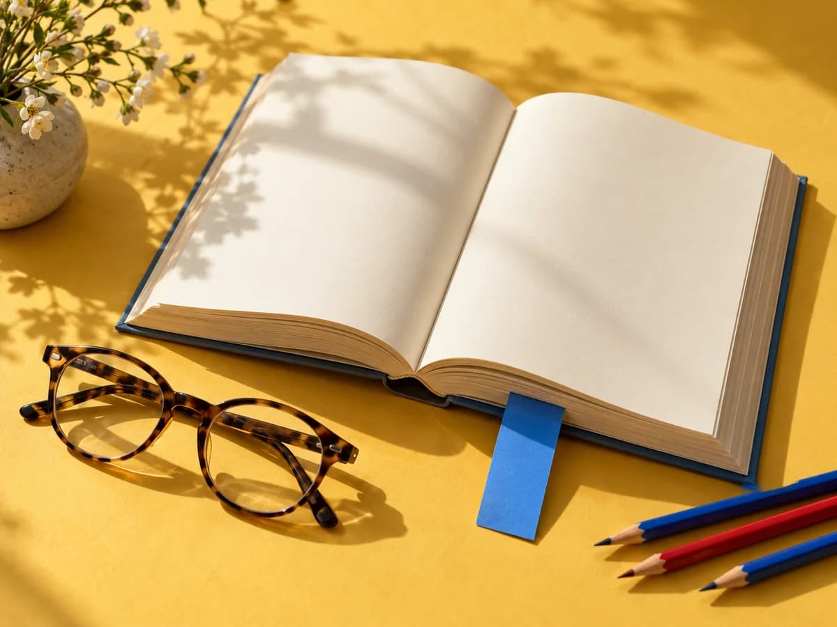 Un livre ouvert et des lunettes, dans une lumière de soleil.