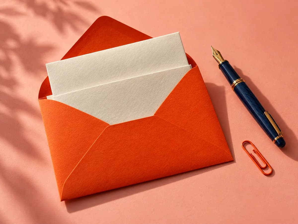 Une enveloppe orange, du papier et un stylo bleu.